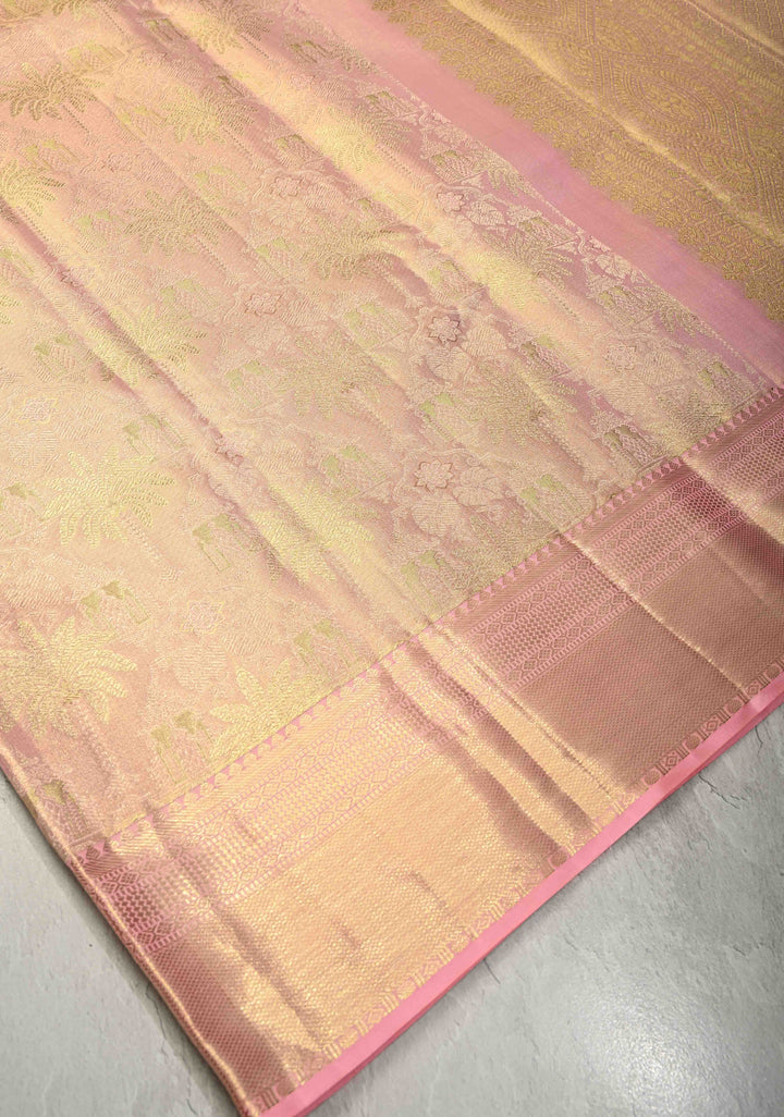 Rose Pink Tissue  Kanjivaram Pure Silk Saree with Meenakari Floral Jaal Brocade and Zari Border | SILK MARK CERTIFIED
