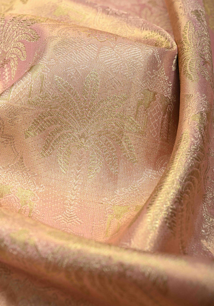 Rose Pink Tissue  Kanjivaram Pure Silk Saree with Meenakari Floral Jaal Brocade and Zari Border | SILK MARK CERTIFIED