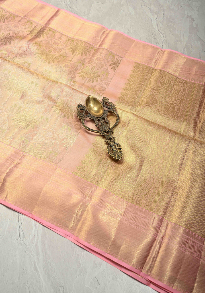 Rose Pink Tissue  Kanjivaram Pure Silk Saree with Meenakari Floral Jaal Brocade and Zari Border | SILK MARK CERTIFIED