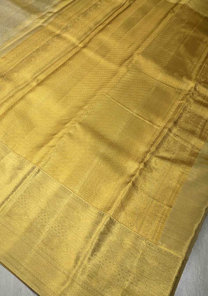 Butter Yellow Tissue Kanjivaram Pure Silk Saree with Meenakari Floral jaal Brocade and Zari Border | SILK MARK CERTIFIED