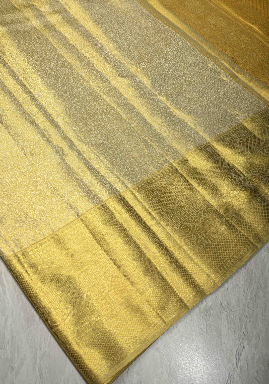 Butter Yellow Tissue Kanjivaram Pure Silk Saree with Meenakari Floral jaal Brocade and Zari Border | SILK MARK CERTIFIED