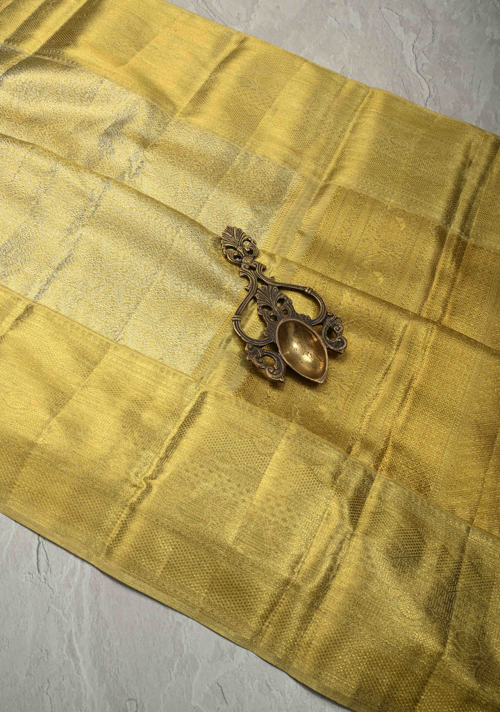 Butter Yellow Tissue Kanjivaram Pure Silk Saree with Meenakari Floral jaal Brocade and Zari Border | SILK MARK CERTIFIED