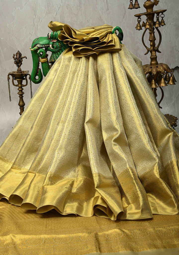 Butter Yellow Tissue Kanjivaram Pure Silk Saree with Meenakari Floral jaal Brocade and Zari Border | SILK MARK CERTIFIED