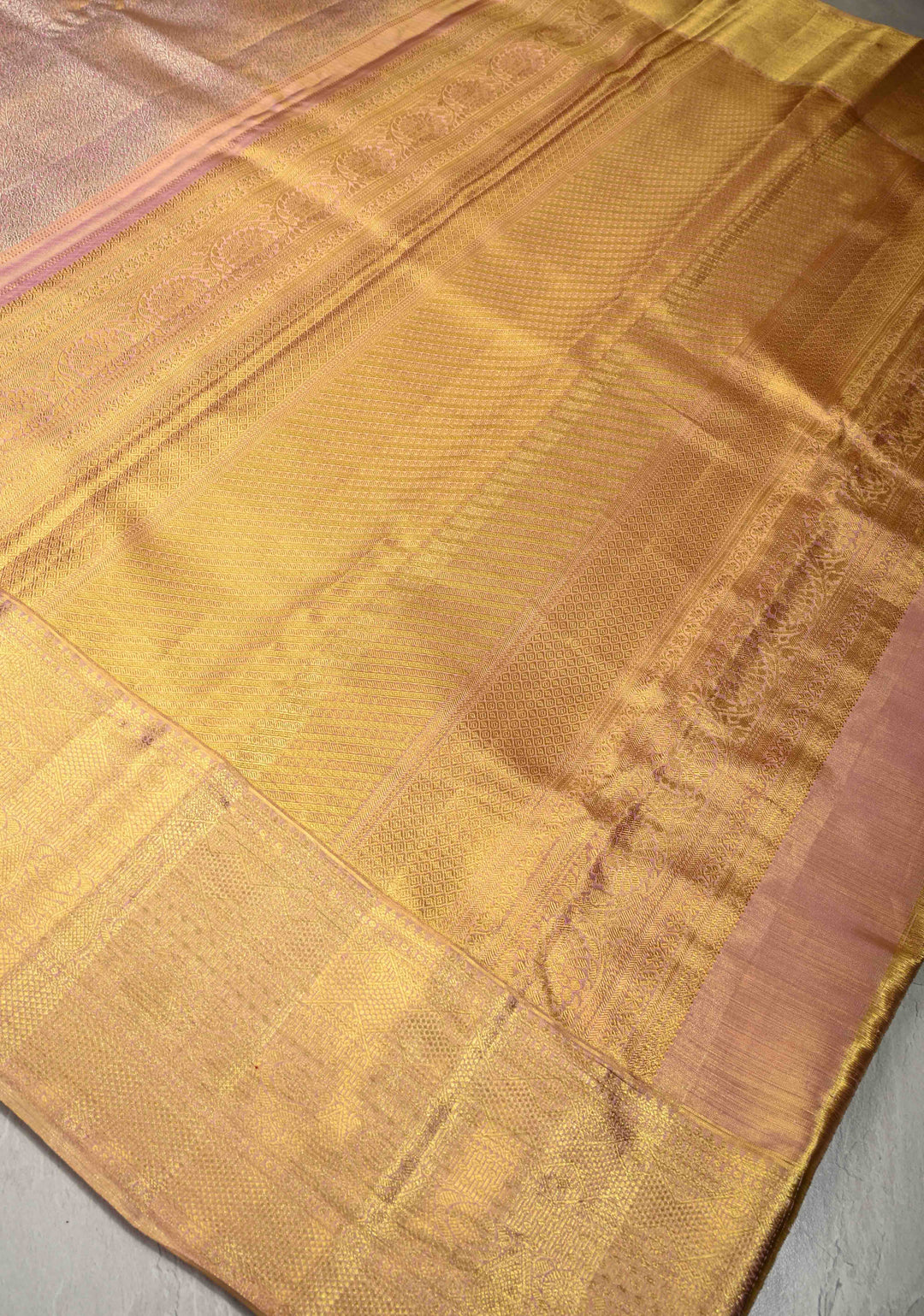 Pink-Gold Tissue Kanjivaram Pure Silk Saree with Floral Brocade Jaal and Zari Border | SILK MARK CERTIFIED
