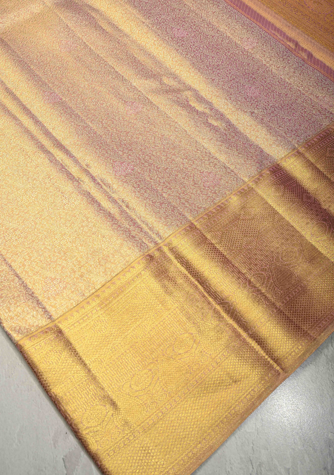 Pink-Gold Tissue Kanjivaram Pure Silk Saree with Floral Brocade Jaal and Zari Border | SILK MARK CERTIFIED