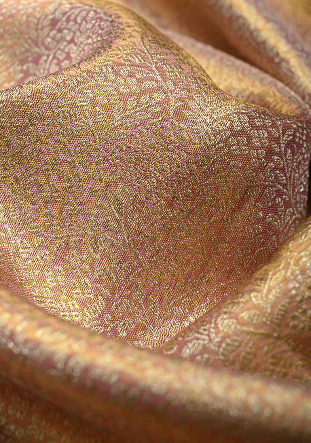 Pink-Gold Tissue Kanjivaram Pure Silk Saree with Floral Brocade Jaal and Zari Border | SILK MARK CERTIFIED