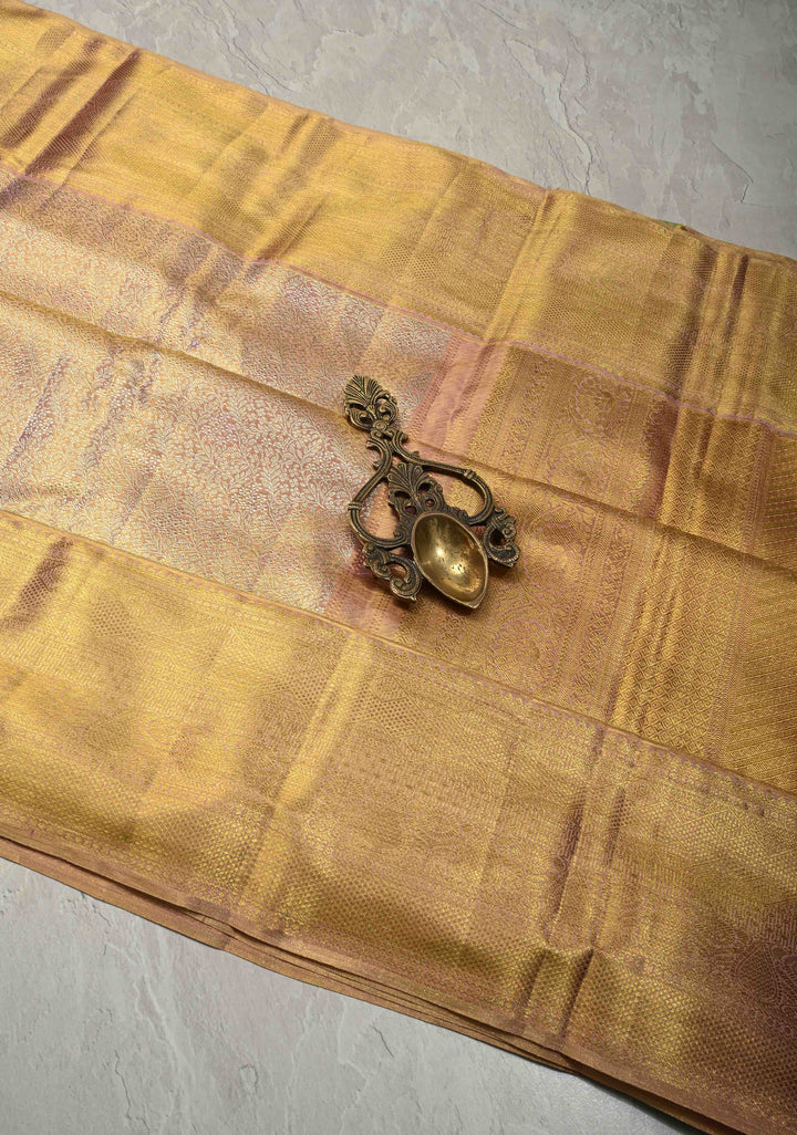 Pink-Gold Tissue Kanjivaram Pure Silk Saree with Floral Brocade Jaal and Zari Border | SILK MARK CERTIFIED