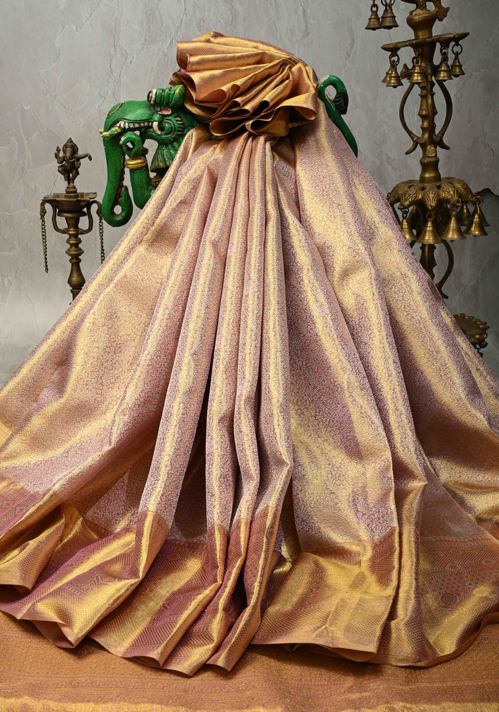 Pink-Gold Tissue Kanjivaram Pure Silk Saree with Floral Brocade Jaal and Zari Border | SILK MARK CERTIFIED