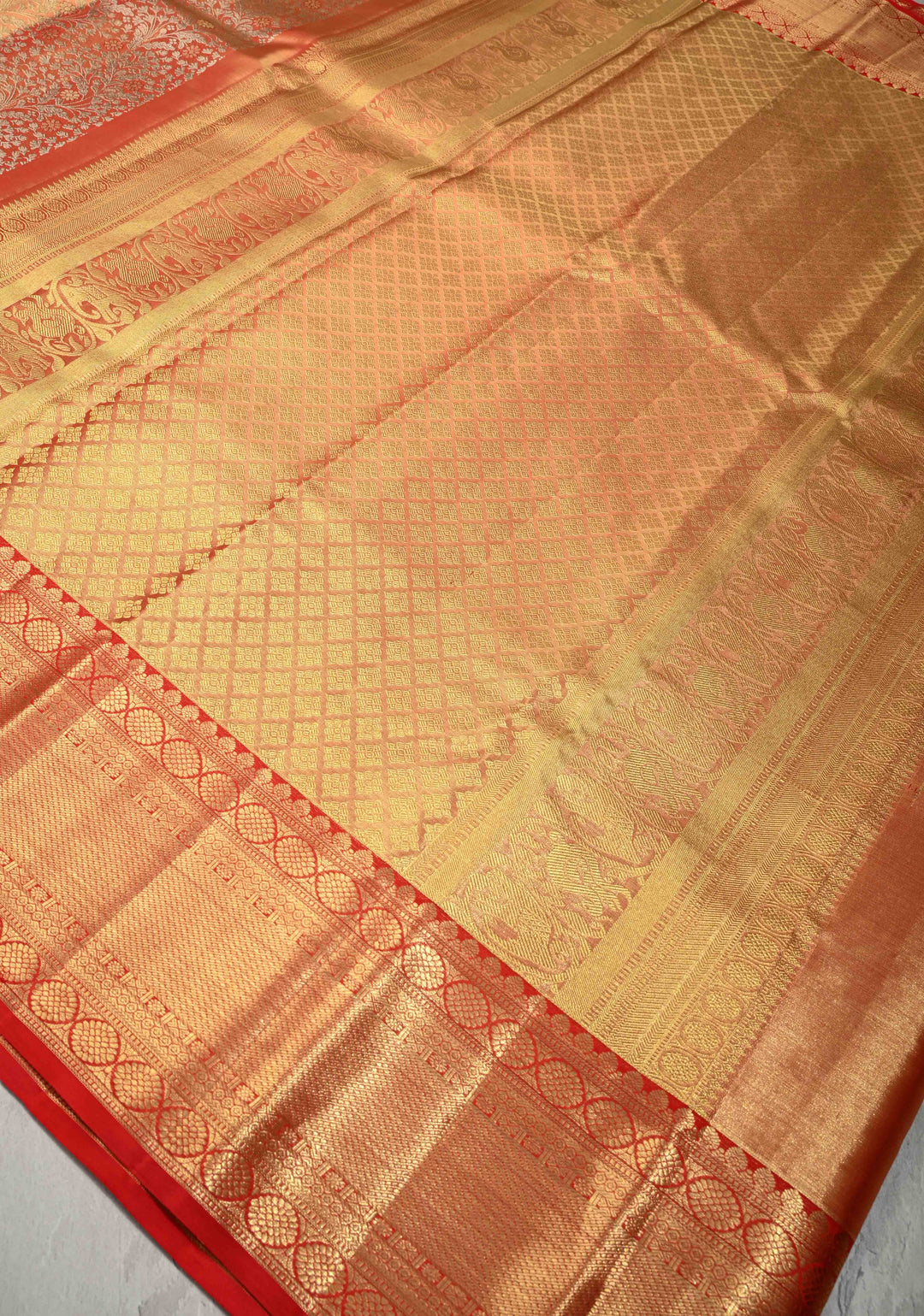 Red Dual Tone Tissue Kanjivaram Pure Silk Saree with Meenakari Floral jaal Brocade and Wide Zari Border | SILK MARK CERTIFIED