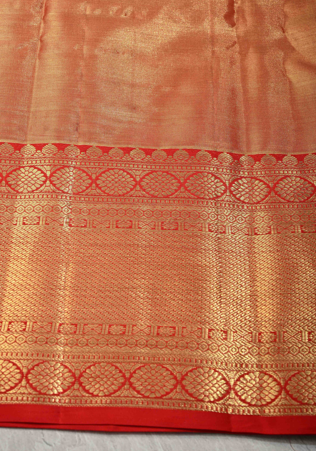 Red Dual Tone Tissue Kanjivaram Pure Silk Saree with Meenakari Floral jaal Brocade and Wide Zari Border | SILK MARK CERTIFIED