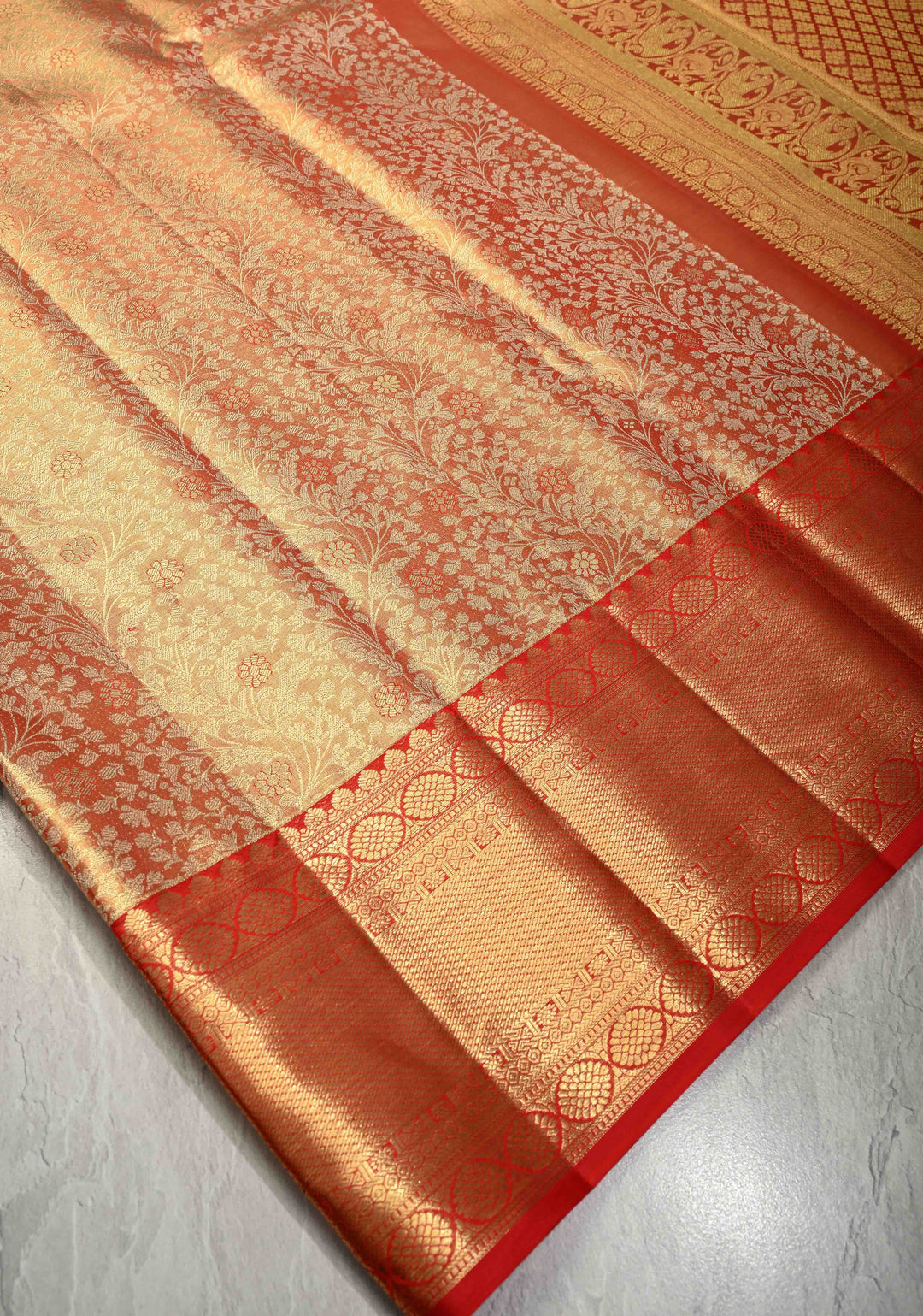 Red Dual Tone Tissue Kanjivaram Pure Silk Saree with Meenakari Floral jaal Brocade and Wide Zari Border | SILK MARK CERTIFIED