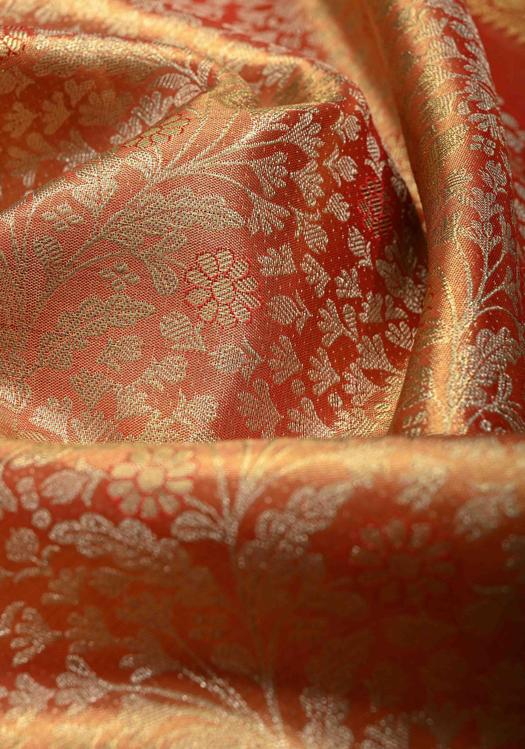 Red Dual Tone Tissue Kanjivaram Pure Silk Saree with Meenakari Floral jaal Brocade and Wide Zari Border | SILK MARK CERTIFIED