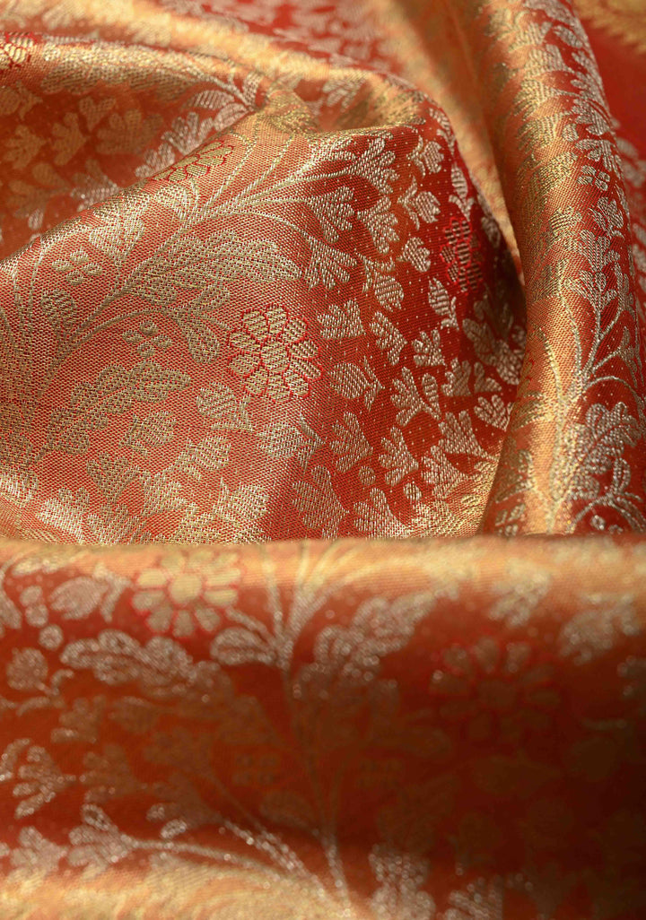 Red Dual Tone Tissue Kanjivaram Pure Silk Saree with Meenakari Floral jaal Brocade and Wide Zari Border | SILK MARK CERTIFIED