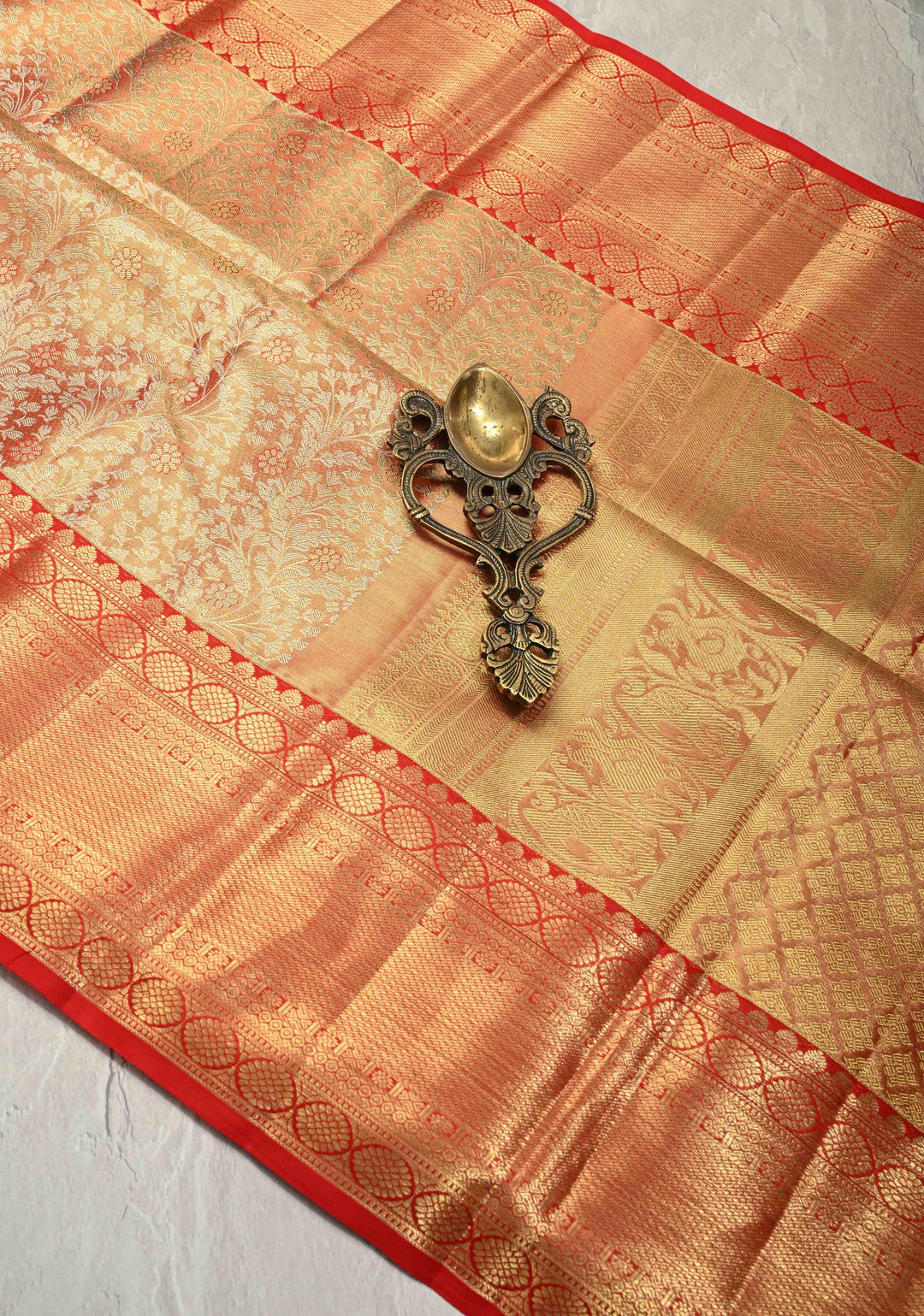 Red Dual Tone Tissue Kanjivaram Pure Silk Saree with Meenakari Floral jaal Brocade and Wide Zari Border | SILK MARK CERTIFIED