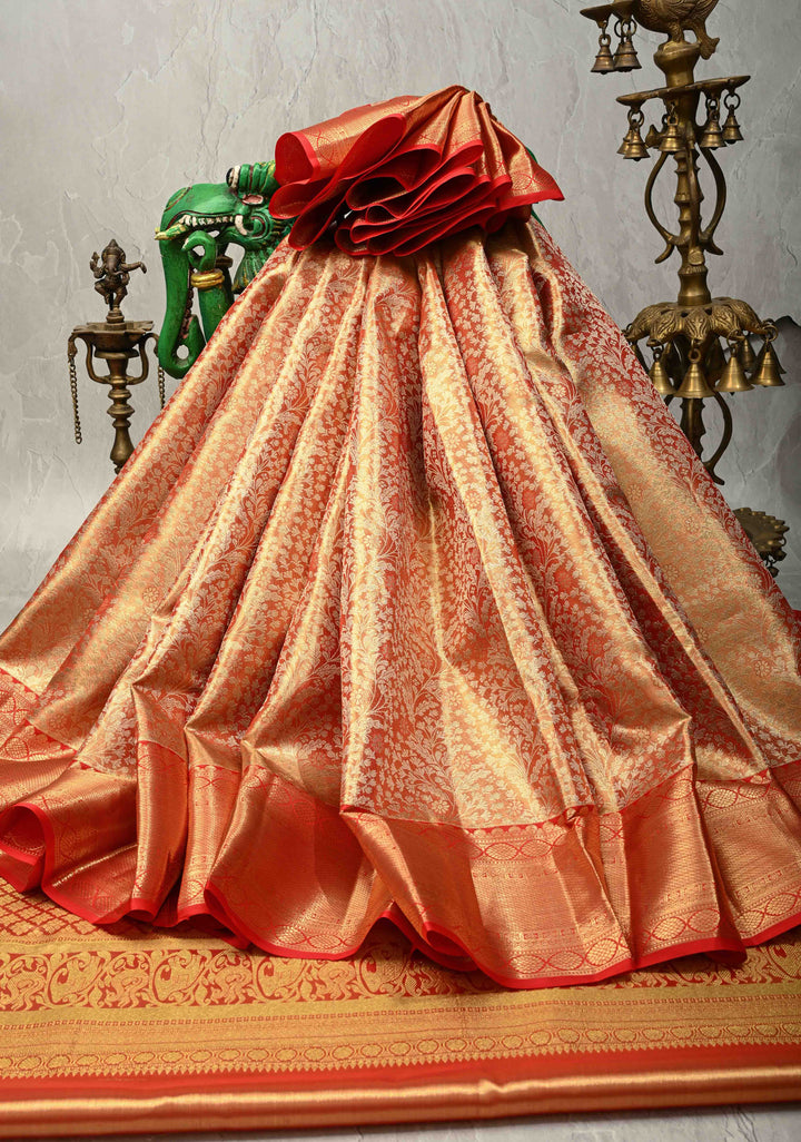 Red Dual Tone Tissue Kanjivaram Pure Silk Saree with Meenakari Floral jaal Brocade and Wide Zari Border | SILK MARK CERTIFIED