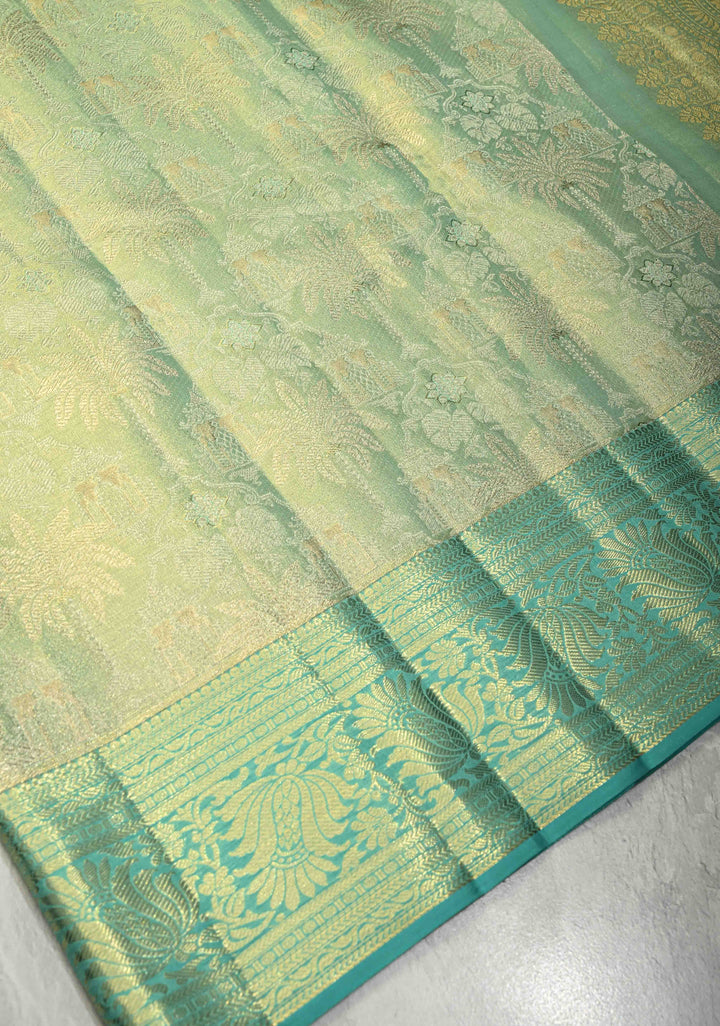 Pista Green Dual Tone Tissue Kanjivaram Pure Silk Saree with Meenakari  Brocade and Zari Border | SILK MARK CERTIFIED
