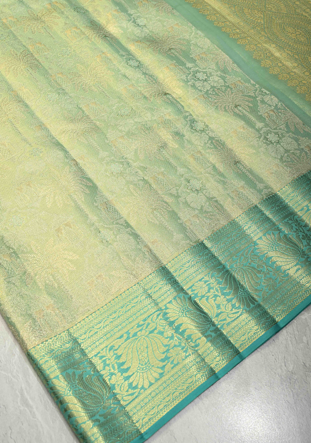 Pista Green Dual Tone Tissue Kanjivaram Pure Silk Saree with Meenakari  Brocade and Zari Border | SILK MARK CERTIFIED