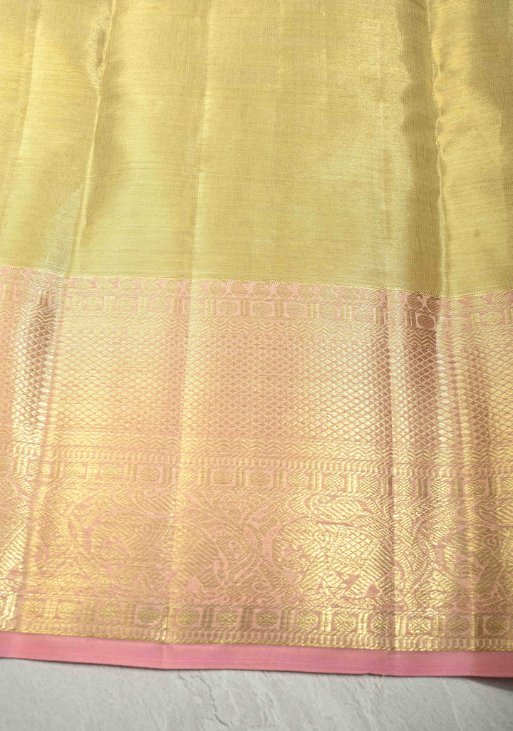 Gold Tissue Kanjivaram Pure Silk Saree with Floral Jaal Brocade and Wide Zari Border | SILK MARK CERTIFIED
