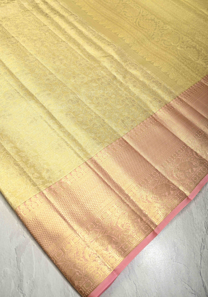 Gold Tissue Kanjivaram Pure Silk Saree with Floral Jaal Brocade and Wide Zari Border | SILK MARK CERTIFIED