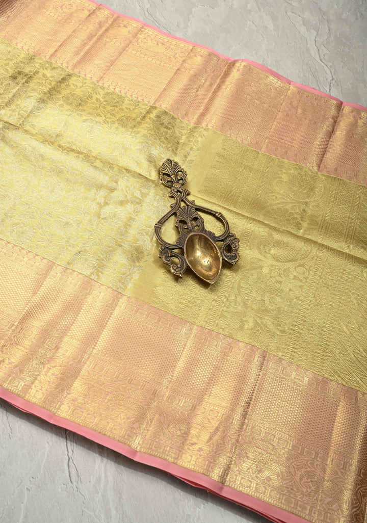 Gold Tissue Kanjivaram Pure Silk Saree with Floral Jaal Brocade and Wide Zari Border | SILK MARK CERTIFIED