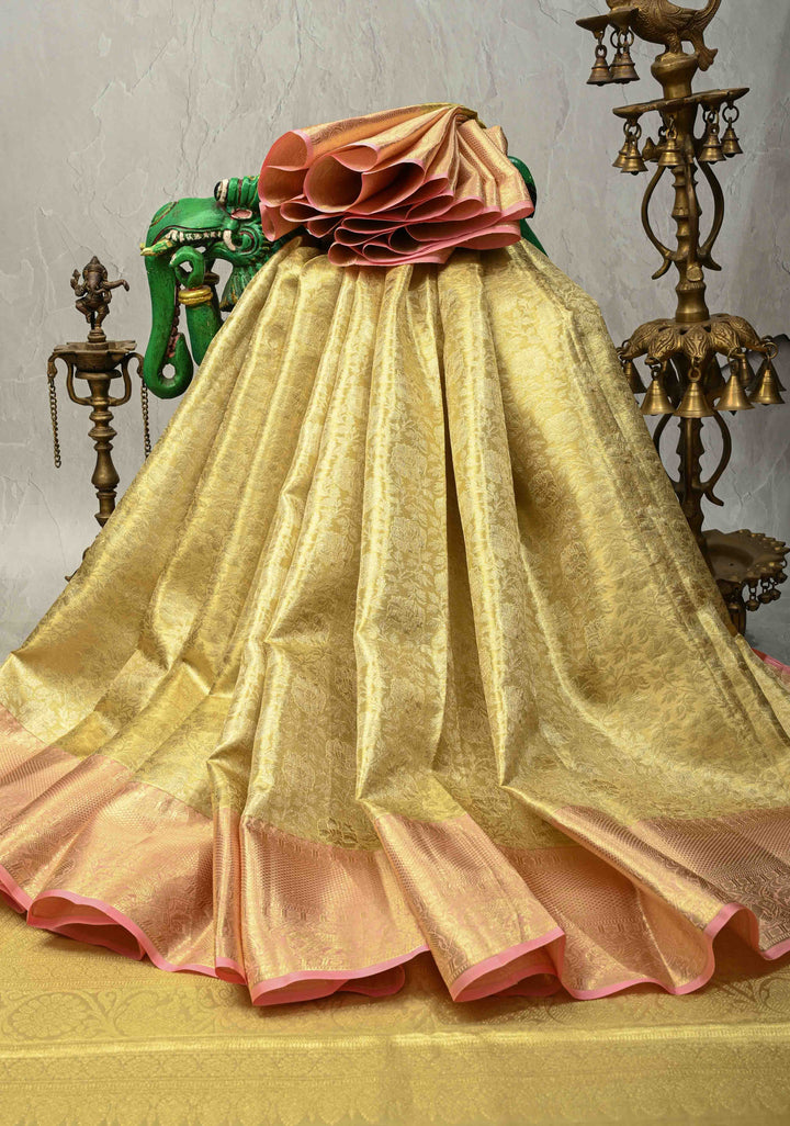 Gold Tissue Kanjivaram Pure Silk Saree with Floral Jaal Brocade and Wide Zari Border | SILK MARK CERTIFIED