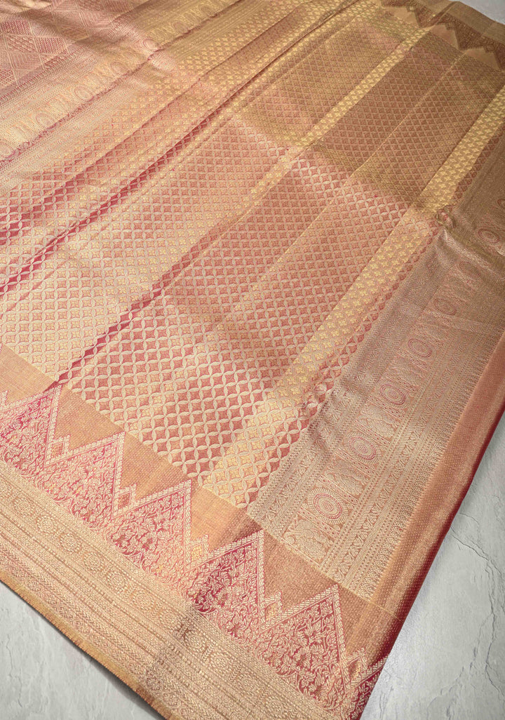 Pastel Pink Tissue Kanjivaram Pure Silk Saree with Geomatric Brocade and Wide Zari Border | SILK MARK CERTIFIED