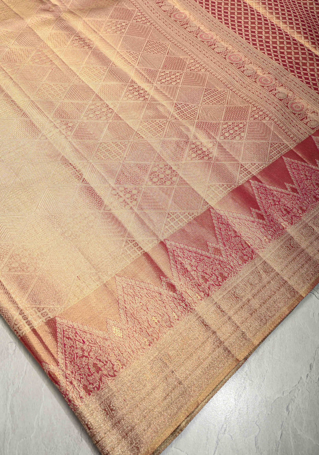Pastel Pink Tissue Kanjivaram Pure Silk Saree with Geomatric Brocade and Wide Zari Border | SILK MARK CERTIFIED