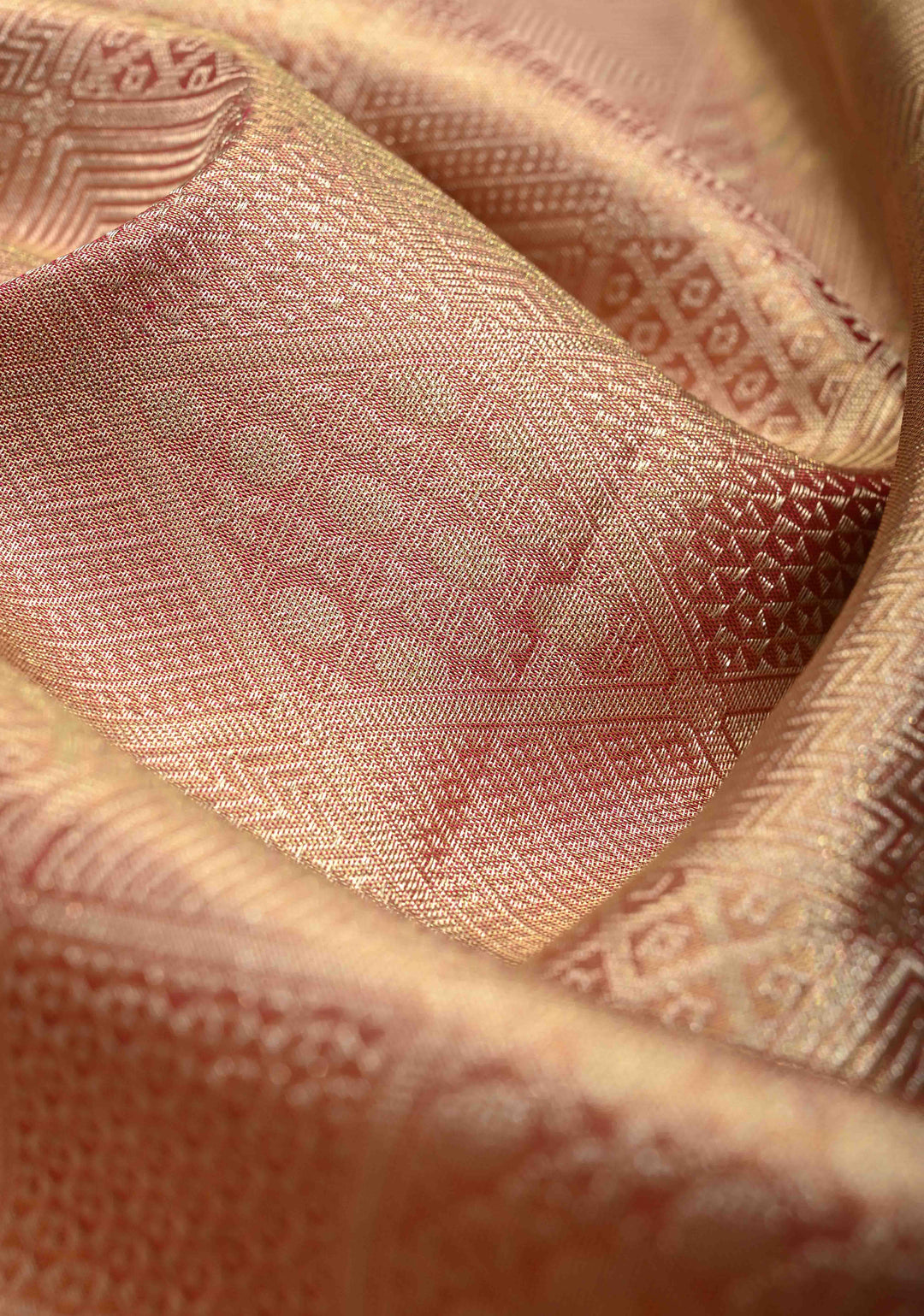 Pastel Pink Tissue Kanjivaram Pure Silk Saree with Geomatric Brocade and Wide Zari Border | SILK MARK CERTIFIED