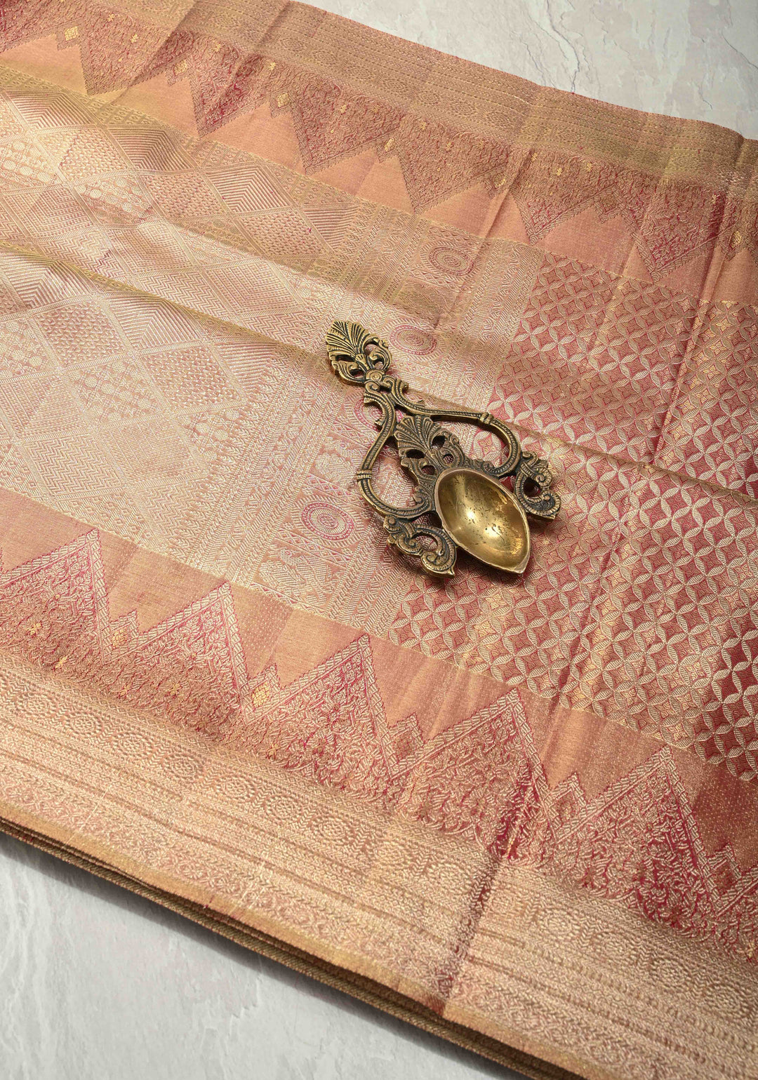 Pastel Pink Tissue Kanjivaram Pure Silk Saree with Geomatric Brocade and Wide Zari Border | SILK MARK CERTIFIED