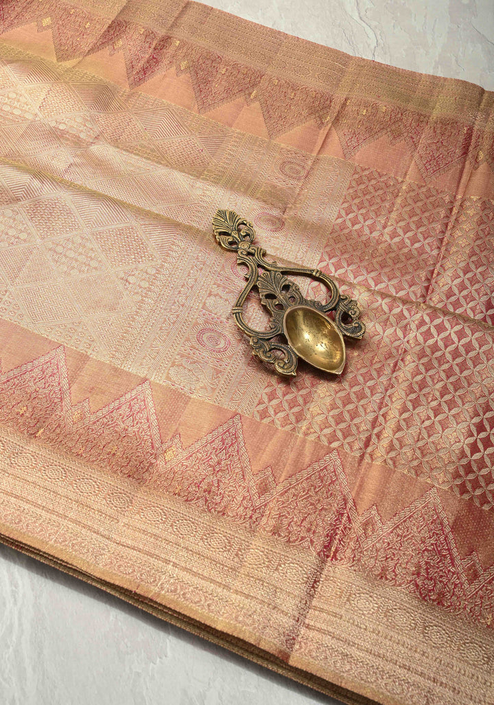 Pastel Pink Tissue Kanjivaram Pure Silk Saree with Geomatric Brocade and Wide Zari Border | SILK MARK CERTIFIED