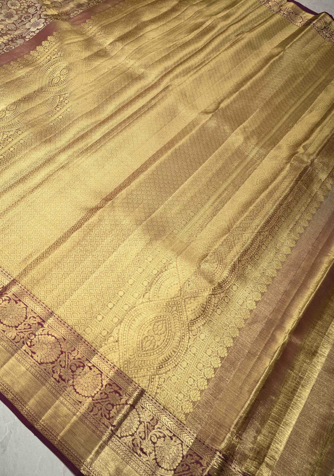 Purple Gold Dual Tone Tissue Kanjivaram Pure Silk Saree with Meenakari  Floral Brocade and Zari Border | SILK MARK CERTIFIED