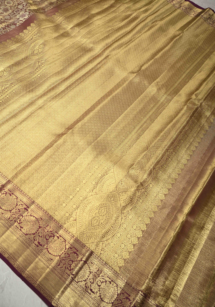 Purple Gold Dual Tone Tissue Kanjivaram Pure Silk Saree with Meenakari  Floral Brocade and Zari Border | SILK MARK CERTIFIED