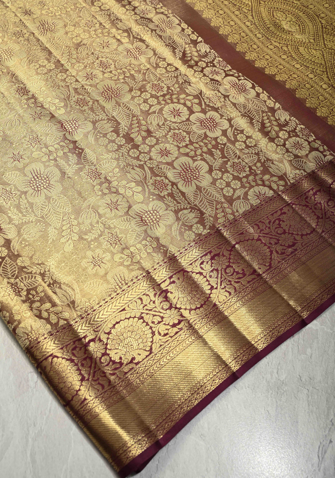 Purple Gold Dual Tone Tissue Kanjivaram Pure Silk Saree with Meenakari  Floral Brocade and Zari Border | SILK MARK CERTIFIED