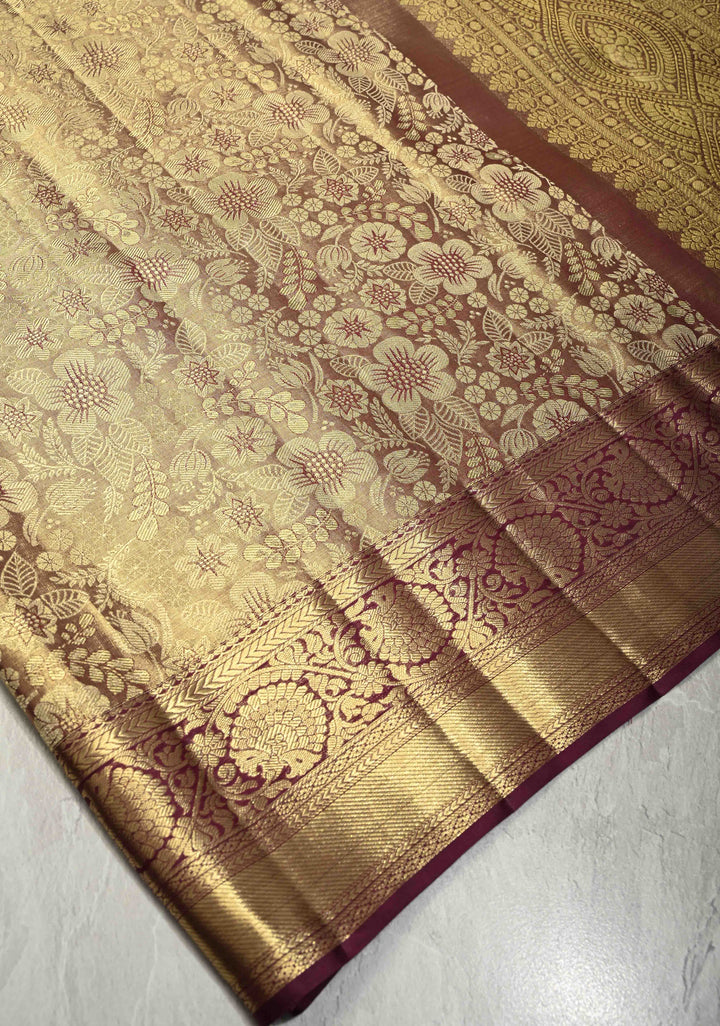 Purple Gold Dual Tone Tissue Kanjivaram Pure Silk Saree with Meenakari  Floral Brocade and Zari Border | SILK MARK CERTIFIED