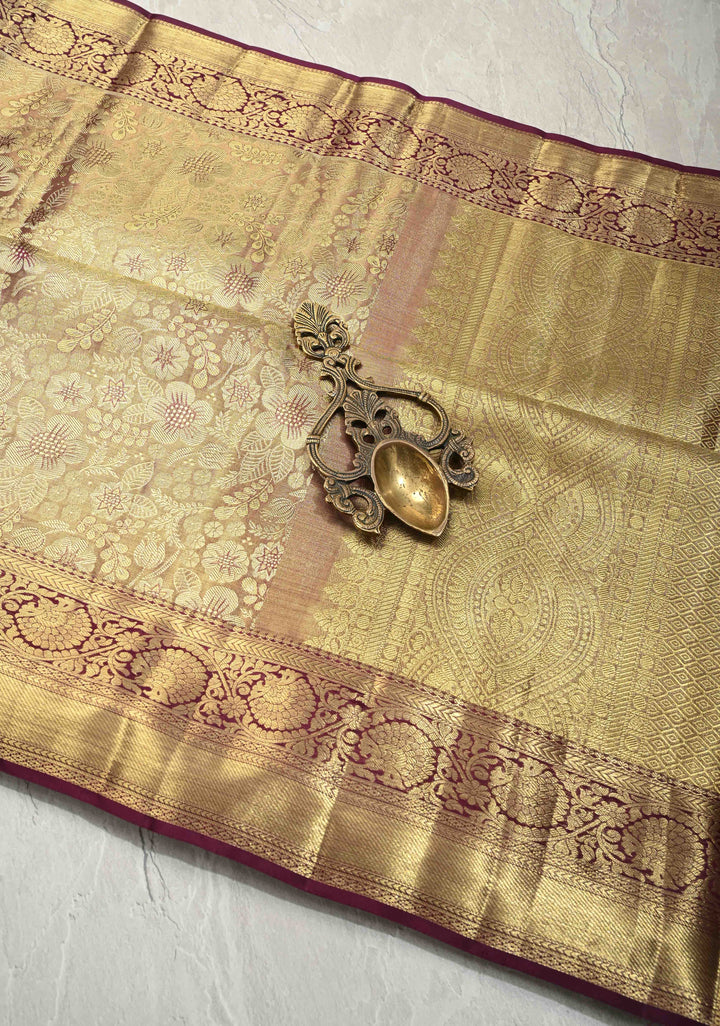Purple Gold Dual Tone Tissue Kanjivaram Pure Silk Saree with Meenakari  Floral Brocade and Zari Border | SILK MARK CERTIFIED