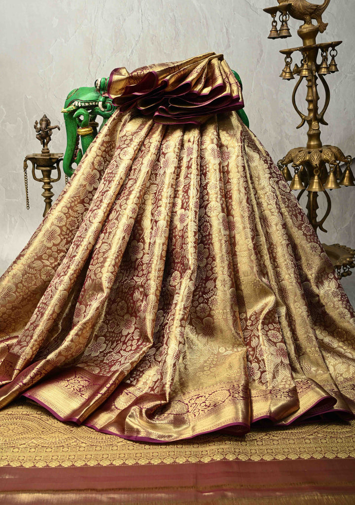 Purple Gold Dual Tone Tissue Kanjivaram Pure Silk Saree with Meenakari  Floral Brocade and Zari Border | SILK MARK CERTIFIED