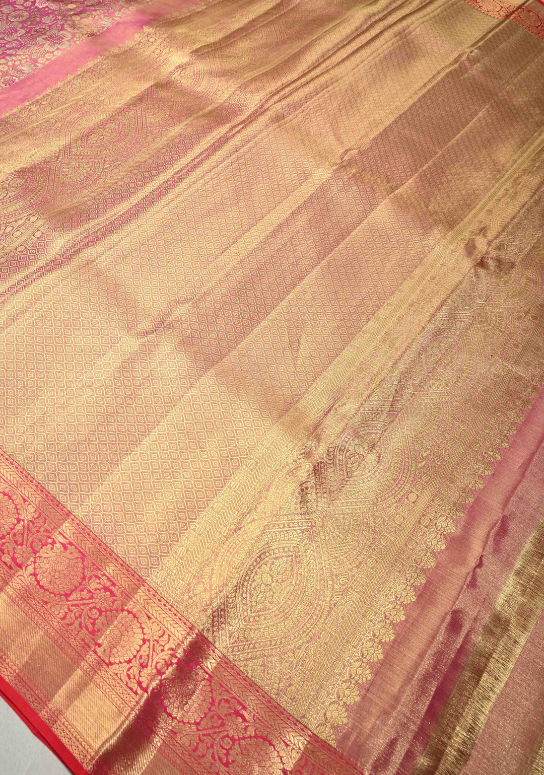 Raspberry Pink Tissue Kanjivaram Pure Silk Saree with Floral Brocade Jaal and Zari Border | SILK MARK CERTIFIED