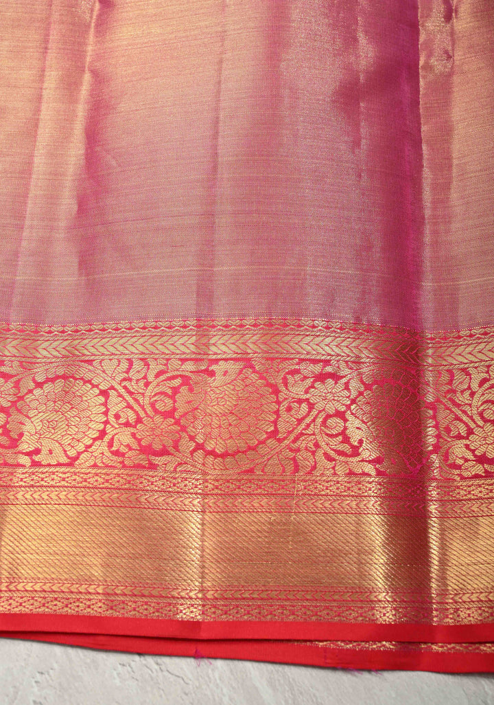 Raspberry Pink Tissue Kanjivaram Pure Silk Saree with Floral Brocade Jaal and Zari Border | SILK MARK CERTIFIED