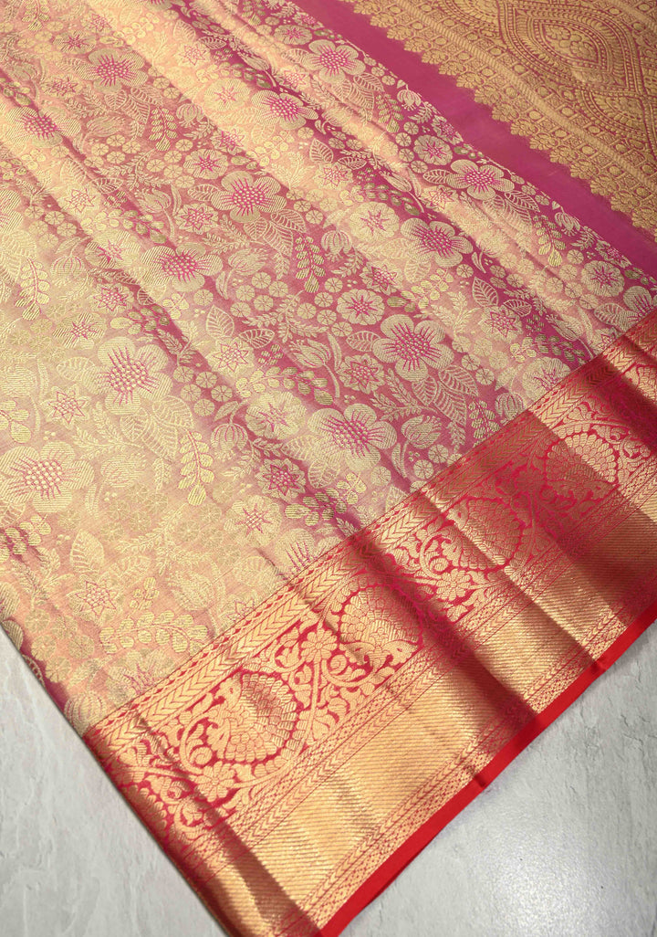 Raspberry Pink Tissue Kanjivaram Pure Silk Saree with Floral Brocade Jaal and Zari Border | SILK MARK CERTIFIED