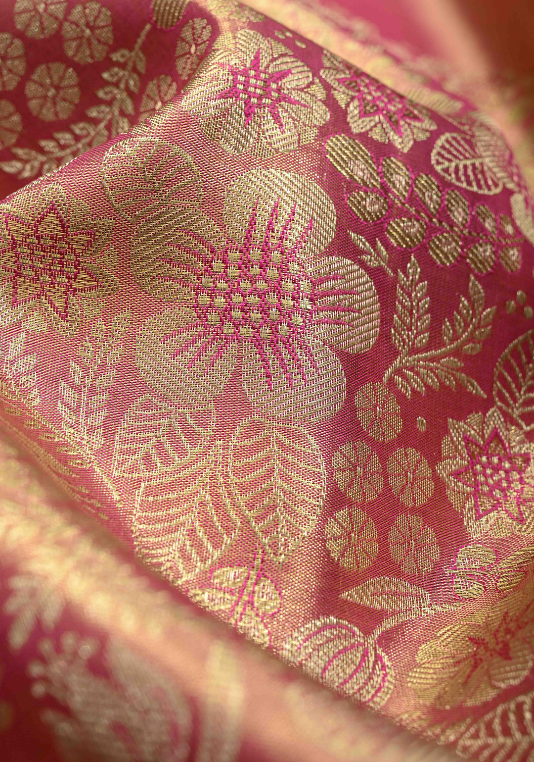 Raspberry Pink Tissue Kanjivaram Pure Silk Saree with Floral Brocade Jaal and Zari Border | SILK MARK CERTIFIED