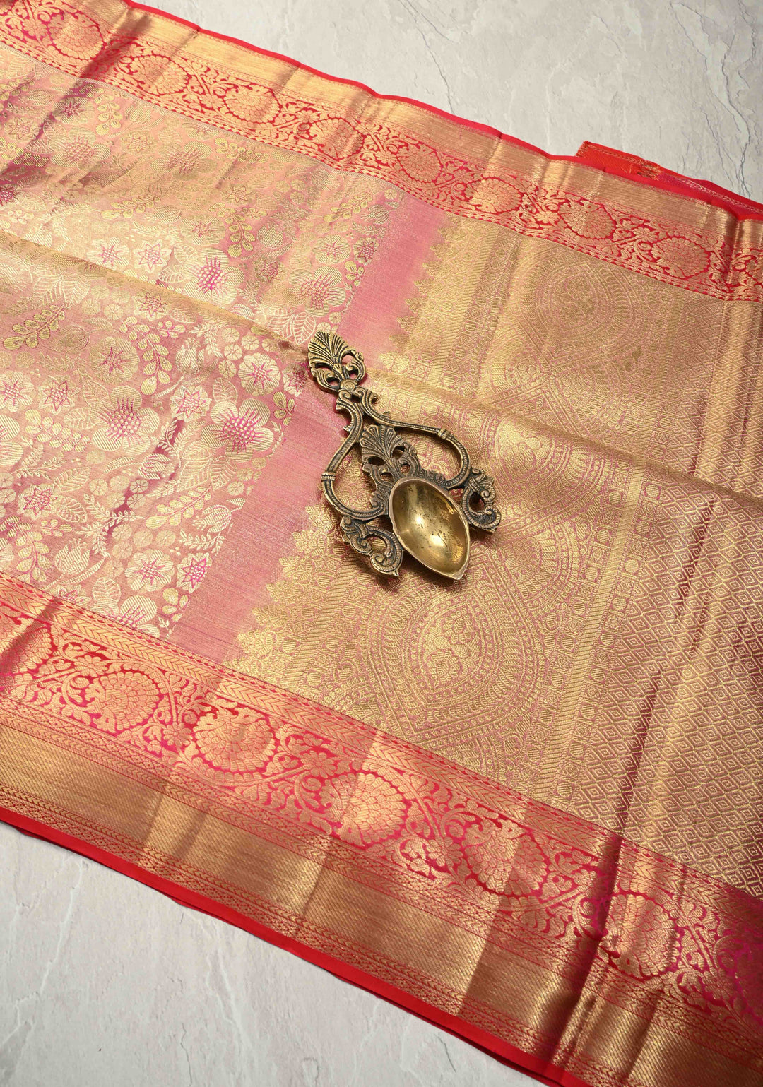 Raspberry Pink Tissue Kanjivaram Pure Silk Saree with Floral Brocade Jaal and Zari Border | SILK MARK CERTIFIED