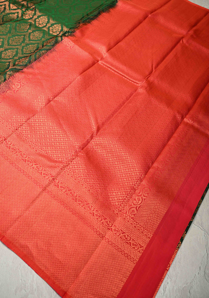 Bottle Green Kanjivaram Soft Silk Saree with Brocade Jaal and Contrast Zari Border | SILK MARK CERTIFIED | SHOBITAM