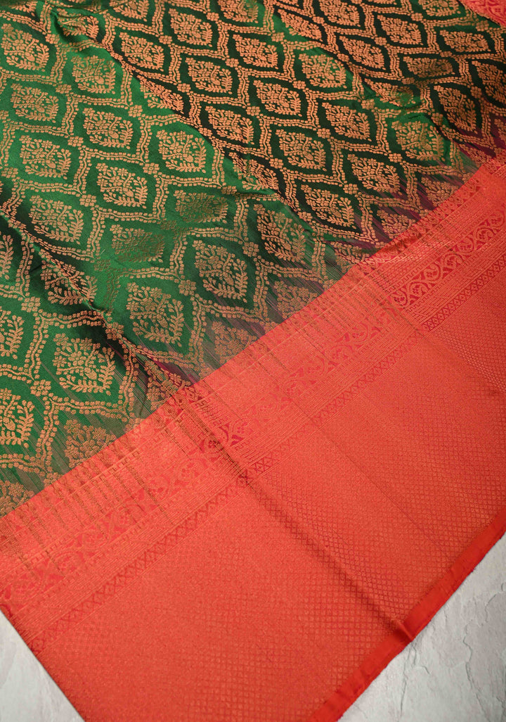 Bottle Green Kanjivaram Soft Silk Saree with Brocade Jaal and Contrast Zari Border | SILK MARK CERTIFIED | SHOBITAM