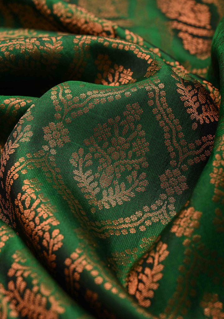 Bottle Green Kanjivaram Soft Silk Saree with Brocade Jaal and Contrast Zari Border | SILK MARK CERTIFIED | SHOBITAM