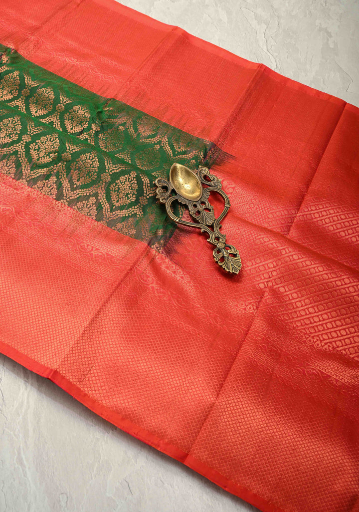 Bottle Green Kanjivaram Soft Silk Saree with Brocade Jaal and Contrast Zari Border | SILK MARK CERTIFIED | SHOBITAM