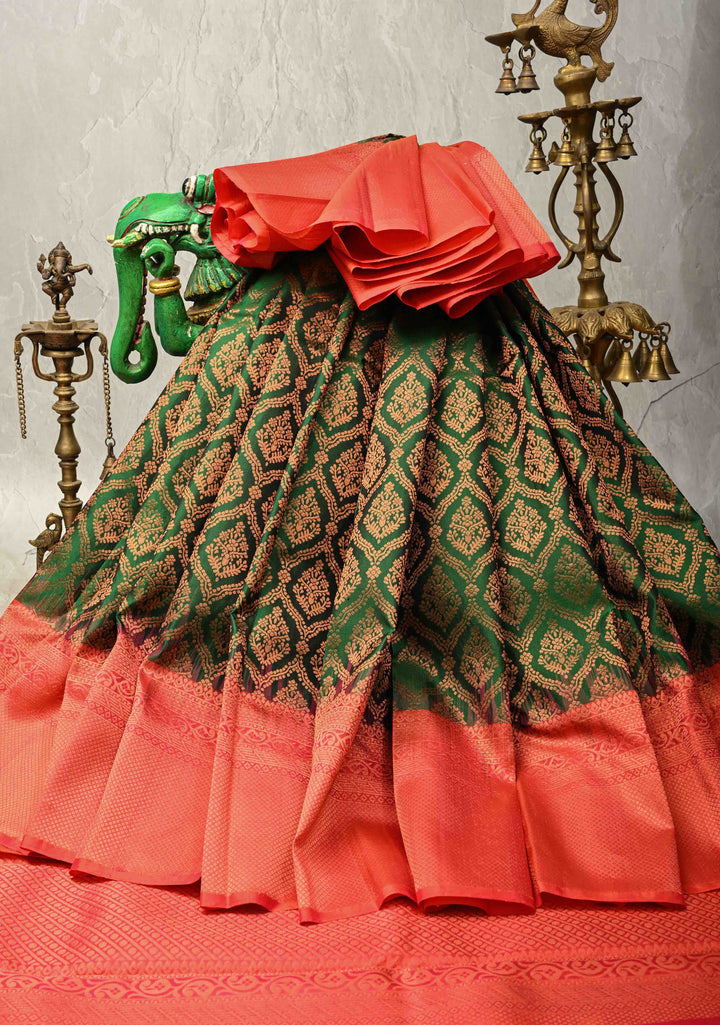 Bottle Green Kanjivaram Soft Silk Saree with Brocade Jaal and Contrast Zari Border | SILK MARK CERTIFIED | SHOBITAM