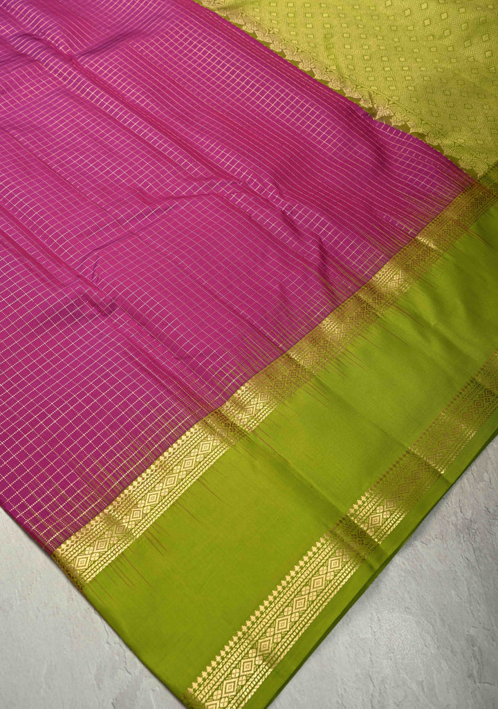 Deep Rani pink Kanjivaram Soft Silk Podi kattam Checks Saree with Rettaipet Zari Border | SILK MARK CERTIFIED | SHOBITAM