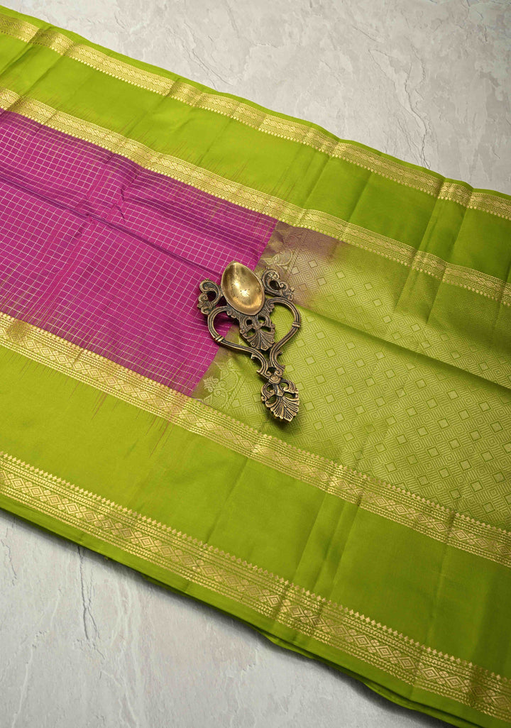 Deep Rani pink Kanjivaram Soft Silk Podi kattam Checks Saree with Rettaipet Zari Border | SILK MARK CERTIFIED | SHOBITAM