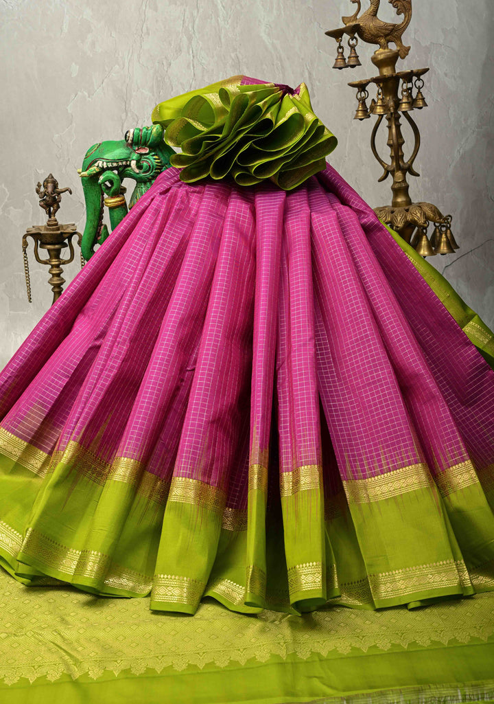 Deep Rani pink Kanjivaram Soft Silk Podi kattam Checks Saree with Rettaipet Zari Border | SILK MARK CERTIFIED | SHOBITAM
