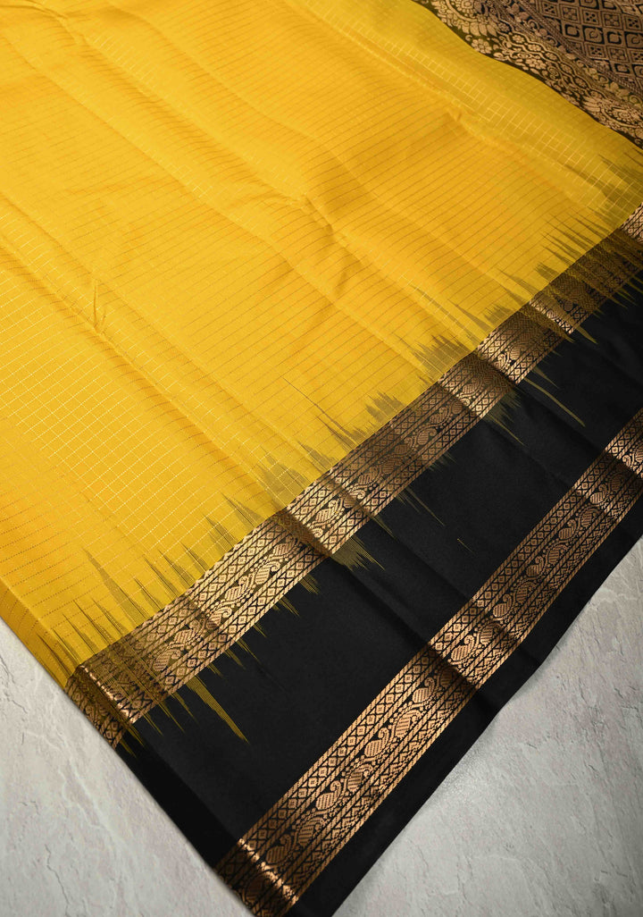 Unique Sunflower Yellow Pure Kanjivaram Soft Silk Saree with Podi-Kattam Zari Checks and Contrast Rettiapet Zari Border | SILK MARK CERTIFIED | SHOBITAM
